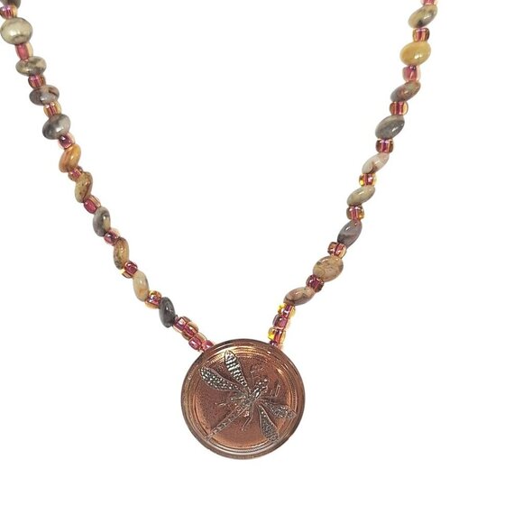 Vintage Multicolor Beads Stones Dragonfly Pendant Necklace - Picture 1 of 7